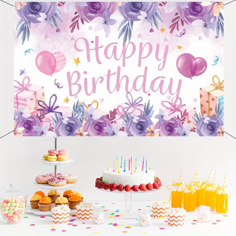 2D Watercolor Floral Happy Birthday Backdrop Purple Rose Pink Balloon Background