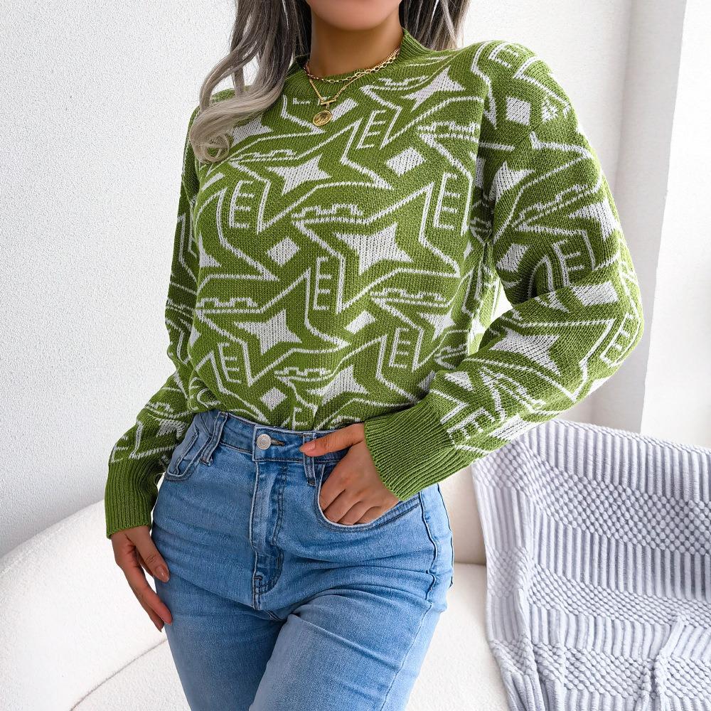 Autumn and Winter Contrasting Color Star Long-sleeved Casual Knitted Sweater
