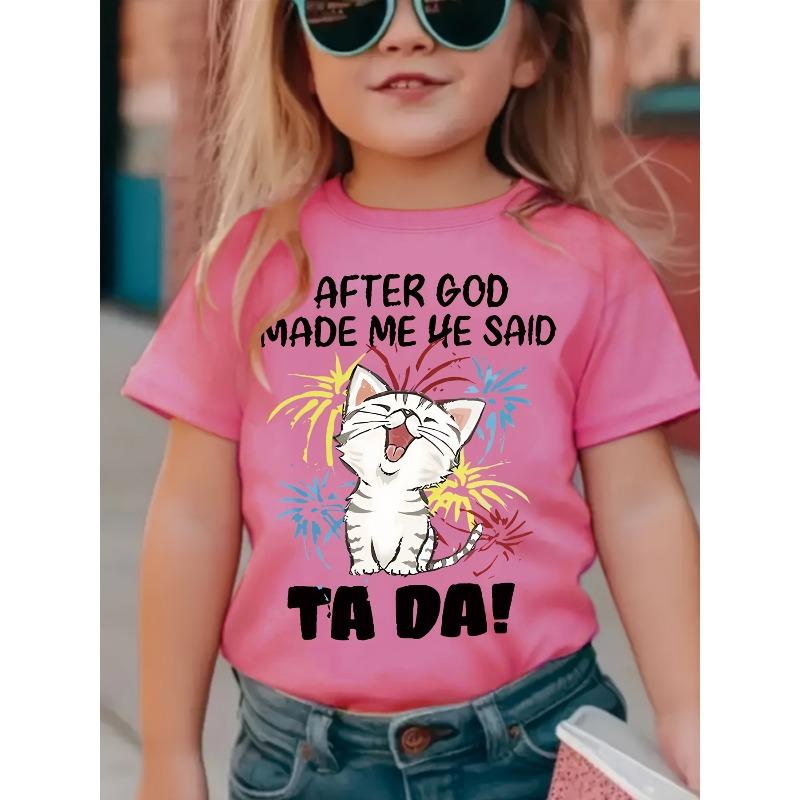 European sizes Girls Cute Kitten Print Short Sleeve T-shirt, Comfy Casual Tees for Girls Summer 98cm розовый