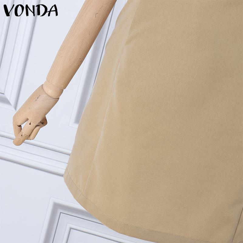 VONDA Women Square Collar Short Sleeve Stitching Pocket Casual Thigh Length Dress