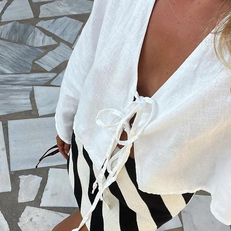 2025 Sommer Hvite Snøreskjorter for Kvinner Elegant Løs Langermet V-hals Bluse Dame Ensfarget Casual Street Chic dame Topper