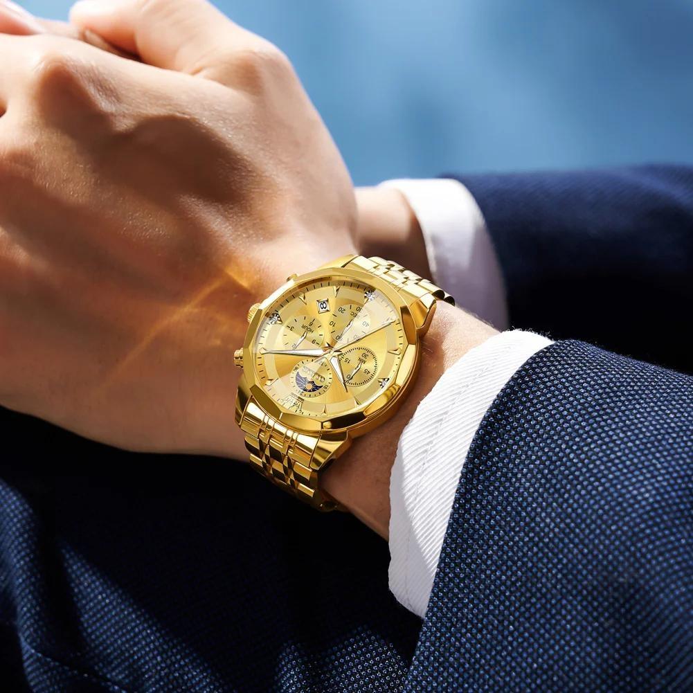 Mens Business Watch Fashion Quartz Watches Multifunctional Chronograph Waterproof Moon Phase Watch Mens Gifts