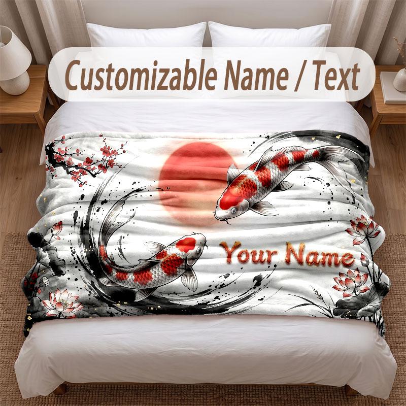 Koi Fish Theme Soft Blanket Personalized Custom Name Text Print Warm Blanket Home Sofa Bedroom Decor