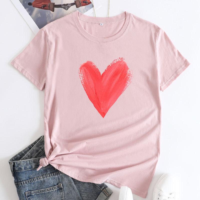 Summer women's plus size heart-shaped printed pure cotton loose round neck short sleeved T-shirts Women's