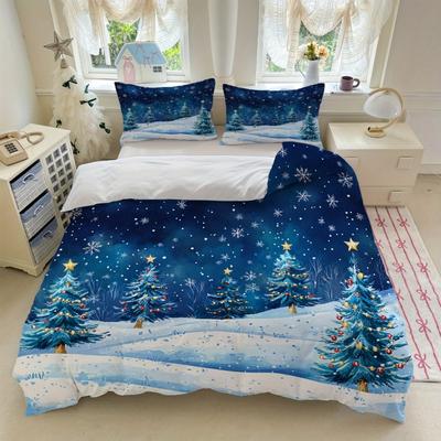 3pcs Blue Bedding Set Snowflakes Print Cozy Soft Duvet Cover King Queen Twin Size for Home Bedroom Decor New Year Christmas Gift