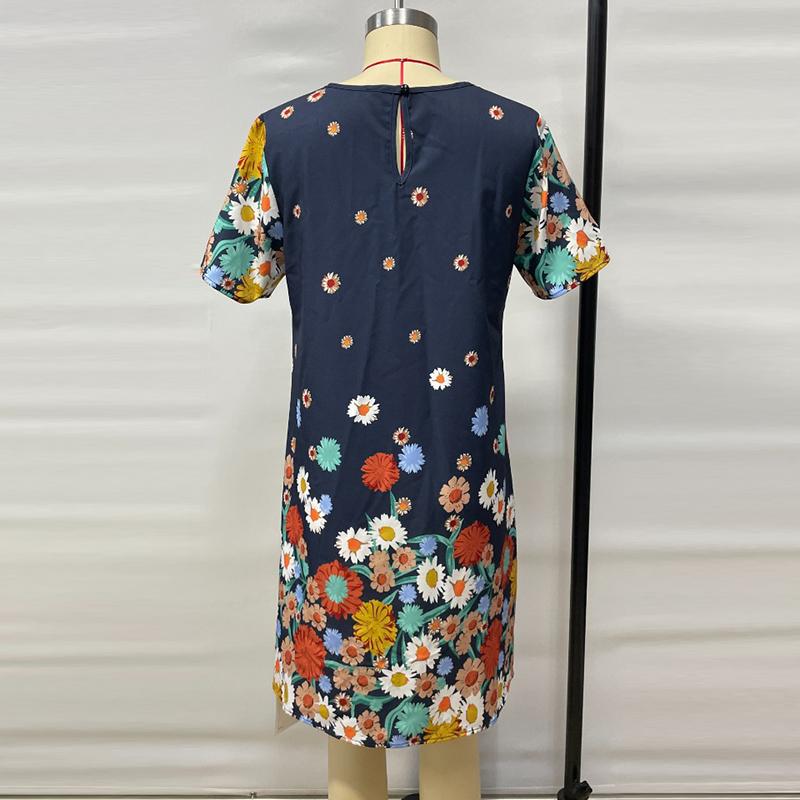 Fashion Short Sleeve Printed Loose Women's Dresses Summer Round Neck Elegant A Line Casual Floral Dress Ladies Vintage Slim Fit Female Dress 26176