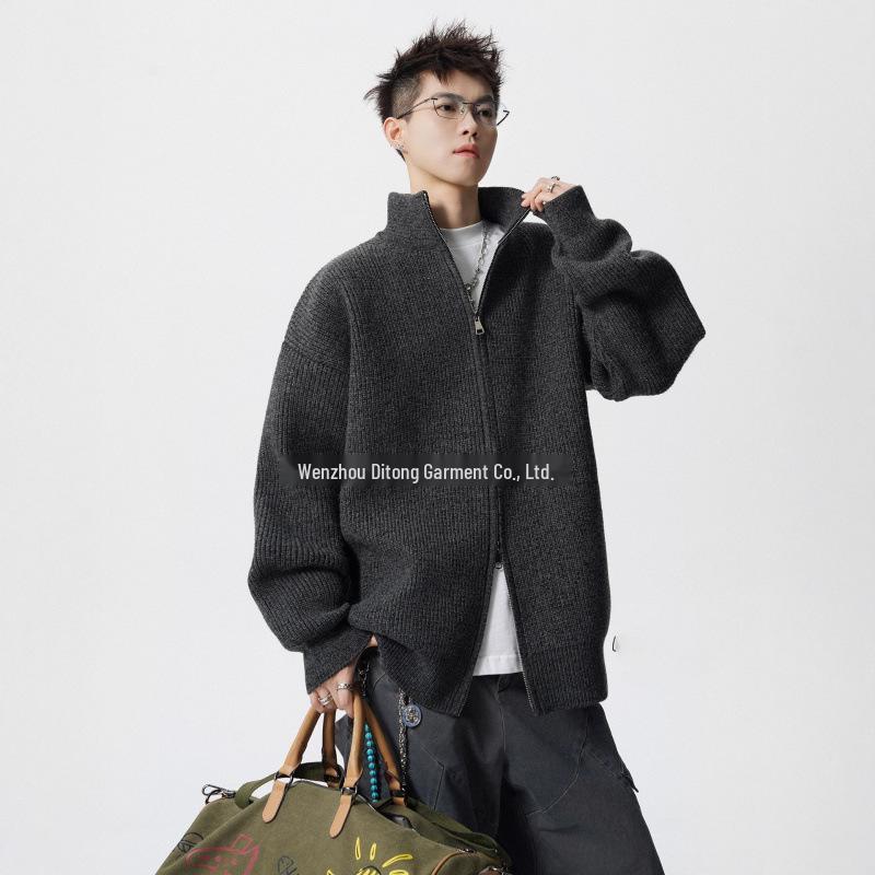 Unisex Heavyweight Stand Collar Double Zipper Sweater: Autumn/Winter High-End Knitwear XXXL