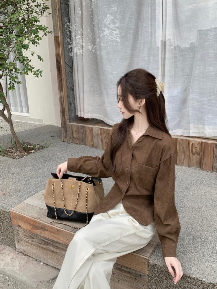 Autumn/Winter Korean Corduroy Tie-Up Lapel Shirt for Women - Elegant, Slimming, Chic, and Versatile Top