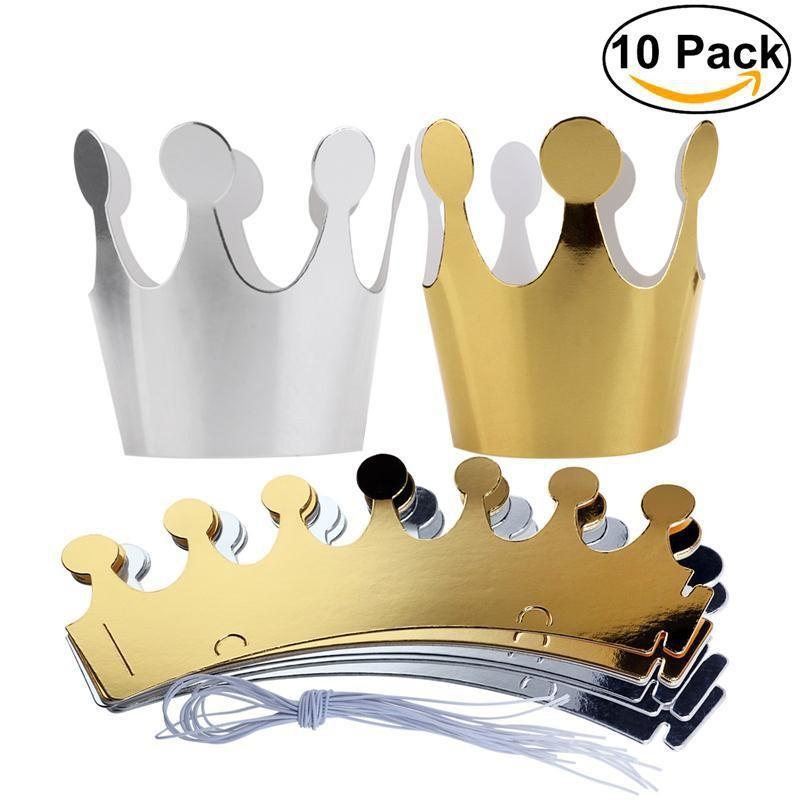 10Pcs Happy Birthday Paper Hats Cap Prince Princess Crown Party Decoration for Boy Girl 5Pcs Silver/5pcs Gold Crown