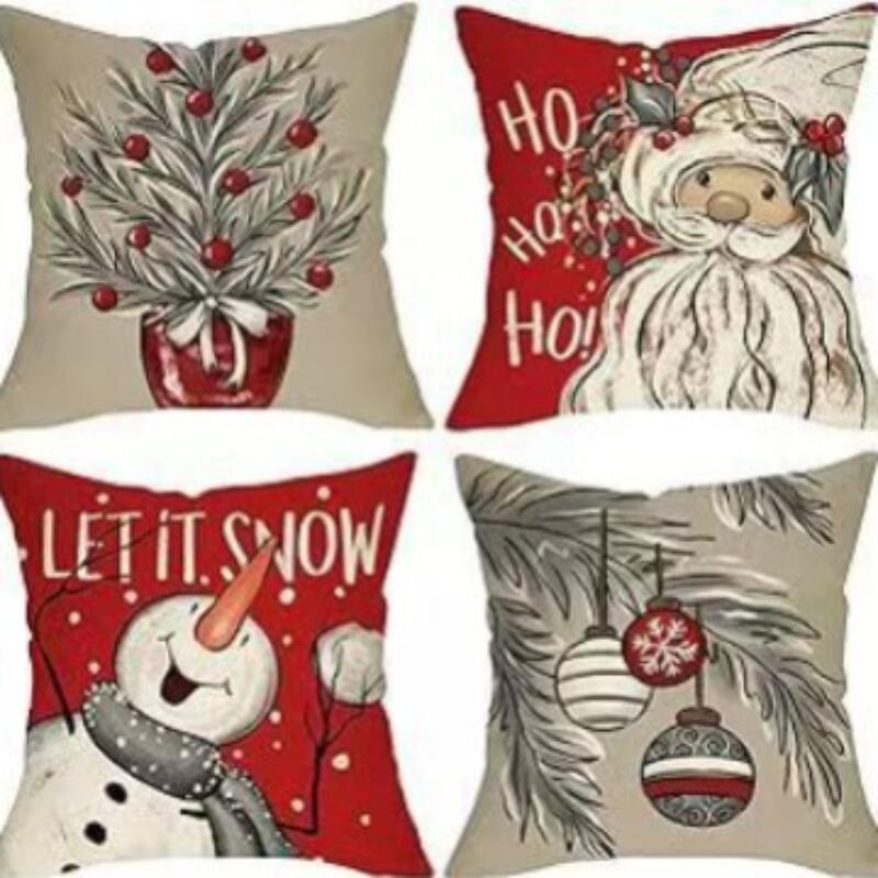 4 PC Reversible Christmas Pillow Covers Set - Santa Snowman Linen Blend Sofa Decor Festive Home Accents
