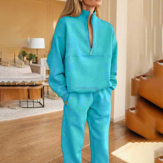 2 Pcs/Set Women Top Pants Set Half Zipper High Collar Long Sleeve Thickened Sweatshirt Stretchy Waist Ankle-banded Trousers Sport Fitness Tracksuit