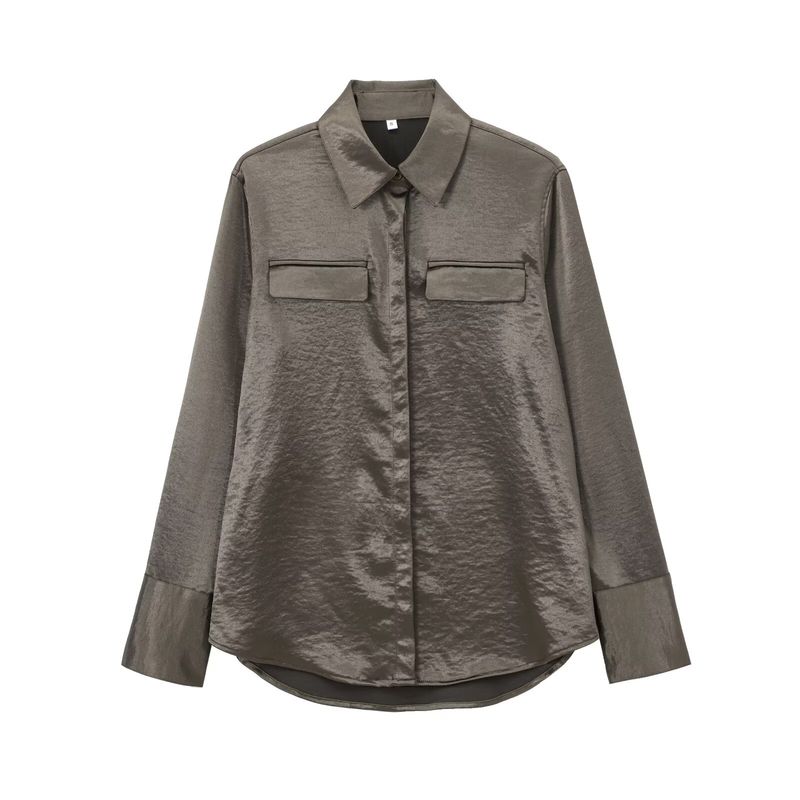 Fall and Winter New Women's Clothing Fashion Air Outlet Pocket Decoration Silk Satin Texture Lapel Long Sleeve Shirt Tops 8987213