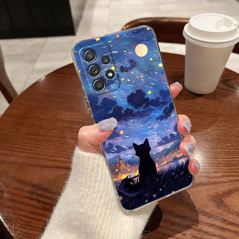 Retro Oil Painting Starry Sky Cat Clear Phone Case For Samsung Galaxy A56 A57 A37 A55 A54 A36 A35 A26 A25 A16 A17 A07 A52 Cover