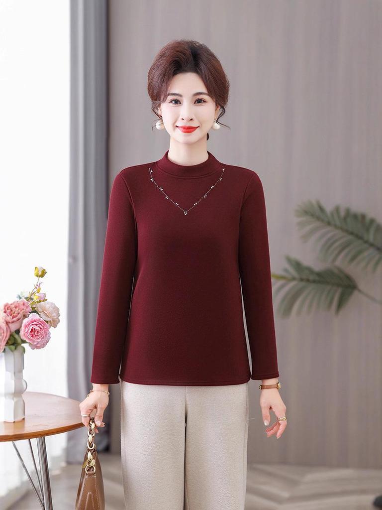 Women's Long-Sleeve Velvet-Lined Warm T-shirt for Middle-Aged & Elderly - Autumn/Winter Layer