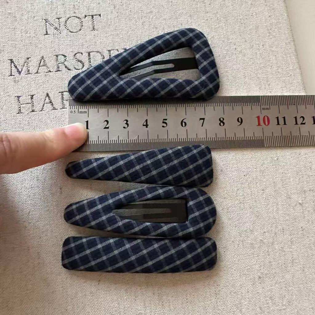 Korean Plaid Fabric BB Hair Clip, Dark Blue Retro Triangle Clip for Bangs