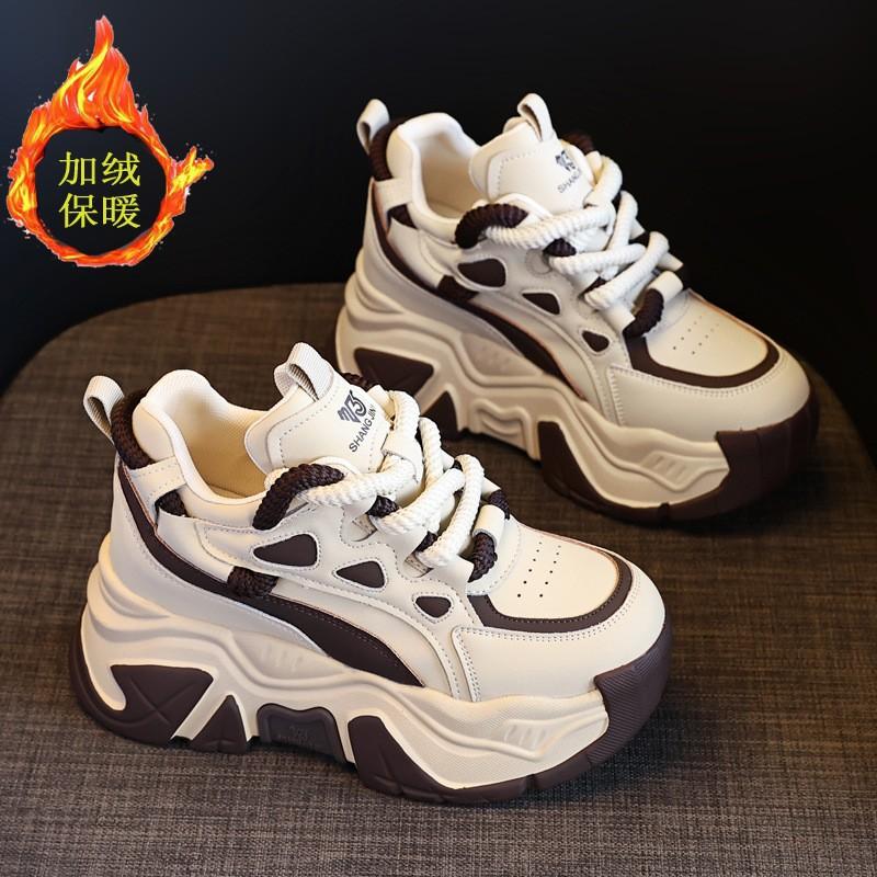 Leather Muffin Platform Dad Shoes Women's Autumn New Round Head Lace-up Inner Height-increasing Women's Shoes Versatile Sports Shoes