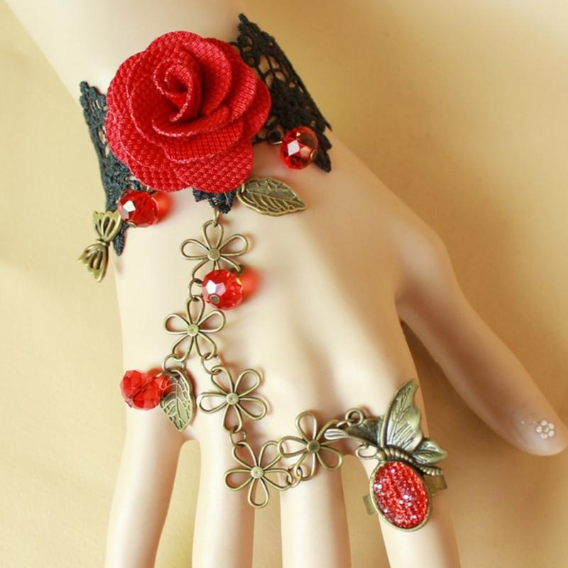 Rose Black Lace Hand Chain Ring Bracelet Chain Crystal Bead Finger Bracelet Sweet Hand Jewelry for Women and Girls Gifts
