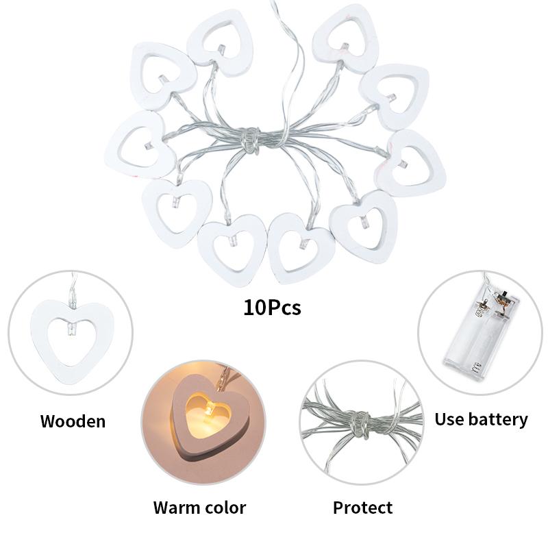 10pcs Valentine's Day Wooden Heart String Lights LED Fairy Lights Hanging Wood Love Lamp Garland Valentine's Day Wedding Decor