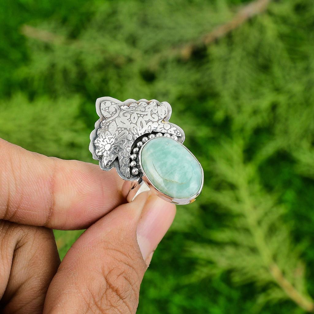 Mothers Day Sale Amazonite Gemstone 925 Sterling Silver Solitaire Ring Jewelry