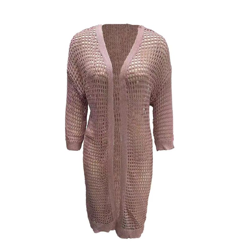 

Fashion Wind New Arrival Pure Color Cardigan Outwear Cut Out Knitting Long Sweater Knitted Hollow Sweater Lotus root color 2XL