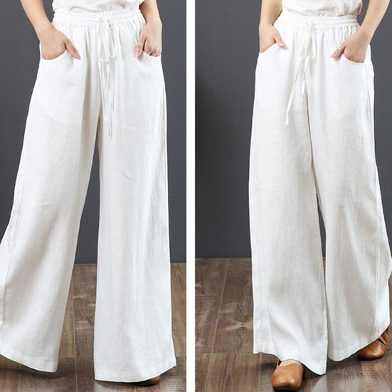 Casual Women Solid Color Wide Leg Pants High Waist Pockets Loose Long Trousers