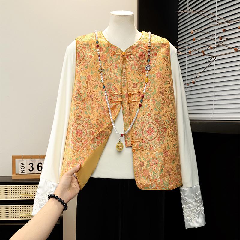 Spring Jacquard Vest: Elegant Chinese Style for Middle-aged & Elderly Women 3XL (120-135 lbs) жёлтый