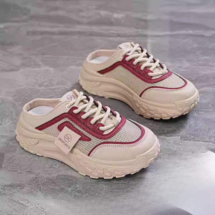 Color Blocked Thick Sole Toe Half Slippers for Women In Spring and Summer , Mesh Casual Shoes, Breathable Sports Style, Outdoor Slippers