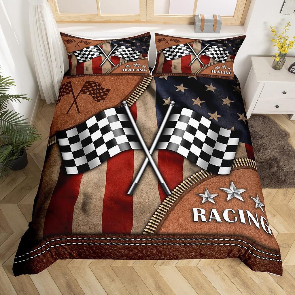 Checkered Flag Duvet Cover Sets for Teens Adults Queen Lightweight Quilt Covers Racing Themed Bedding Set Bedroom Decor No Quilt