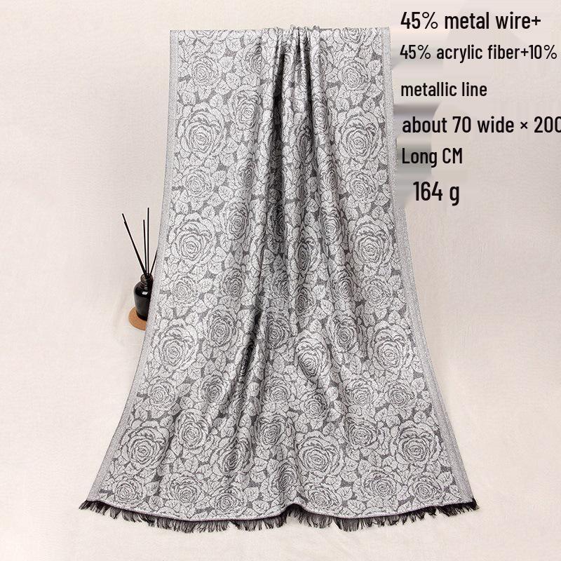 

European & American Style Metallic Thread Jacquard Scarf/Shawl in Black, Gray & Silver with Floral Design - Perfect for Autumn & Winter One Size чорний колір сірий