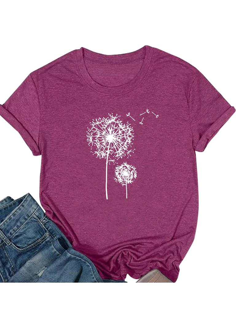 European and American Summer Women's Dandelion Print Round Neck Short-Sleeve Casual T-Shirt
