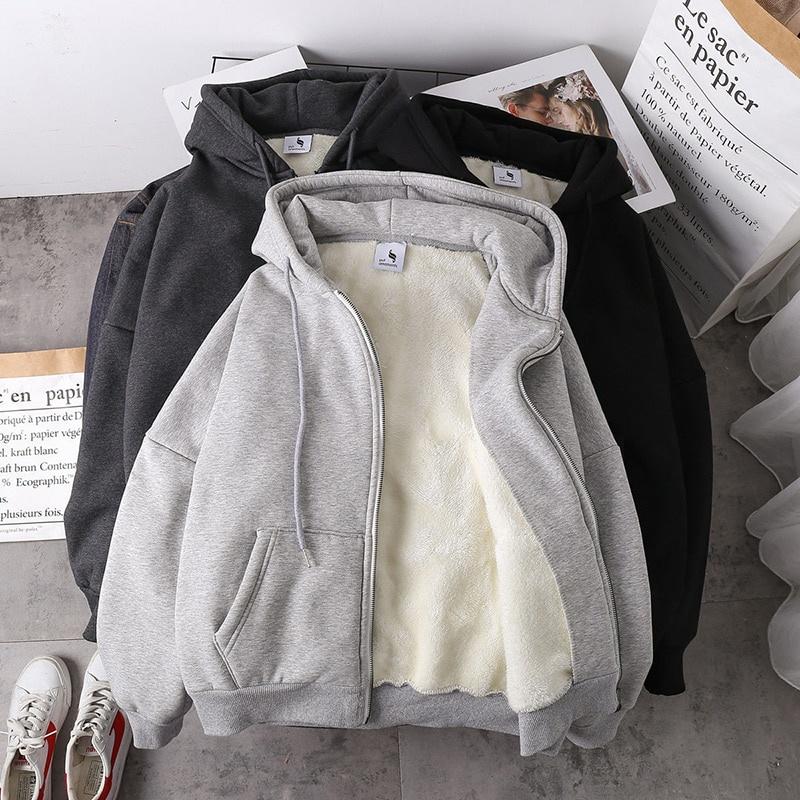 Spot Women's Coat Plush Jacket Solid Color Plus Velvet Thick Warm Winter Hoodie Coat Zipper Sweatshirt Top Winter Large Size
