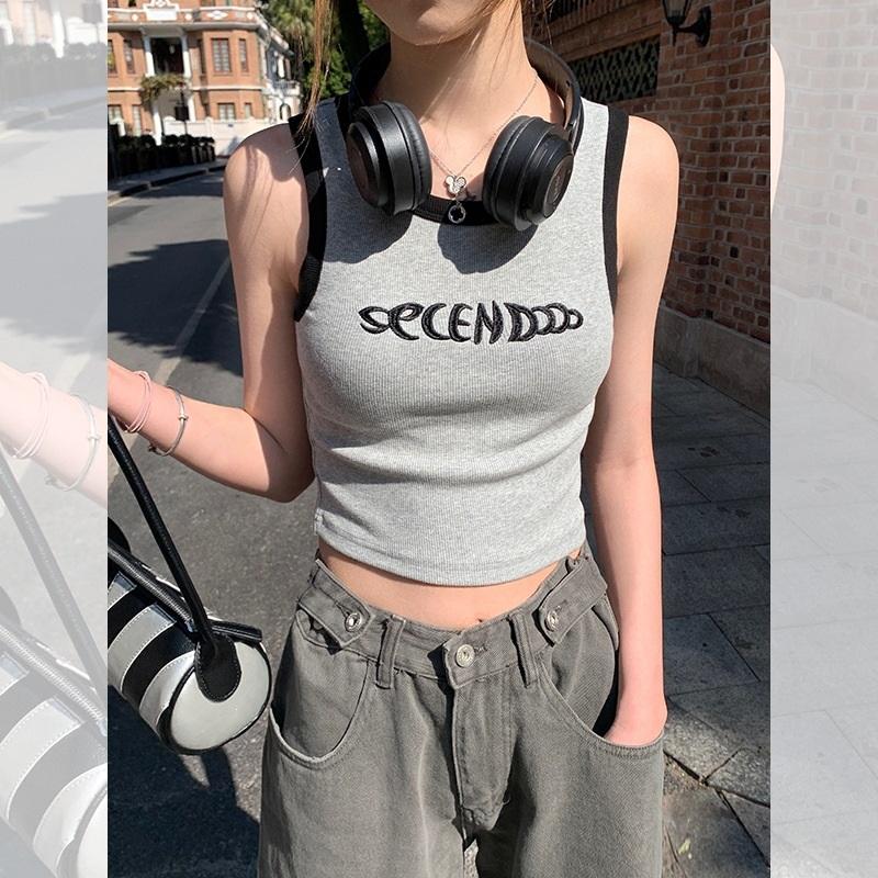 

Women Letter Print Crop Tank Top Casual Slim Fit Vest L серый