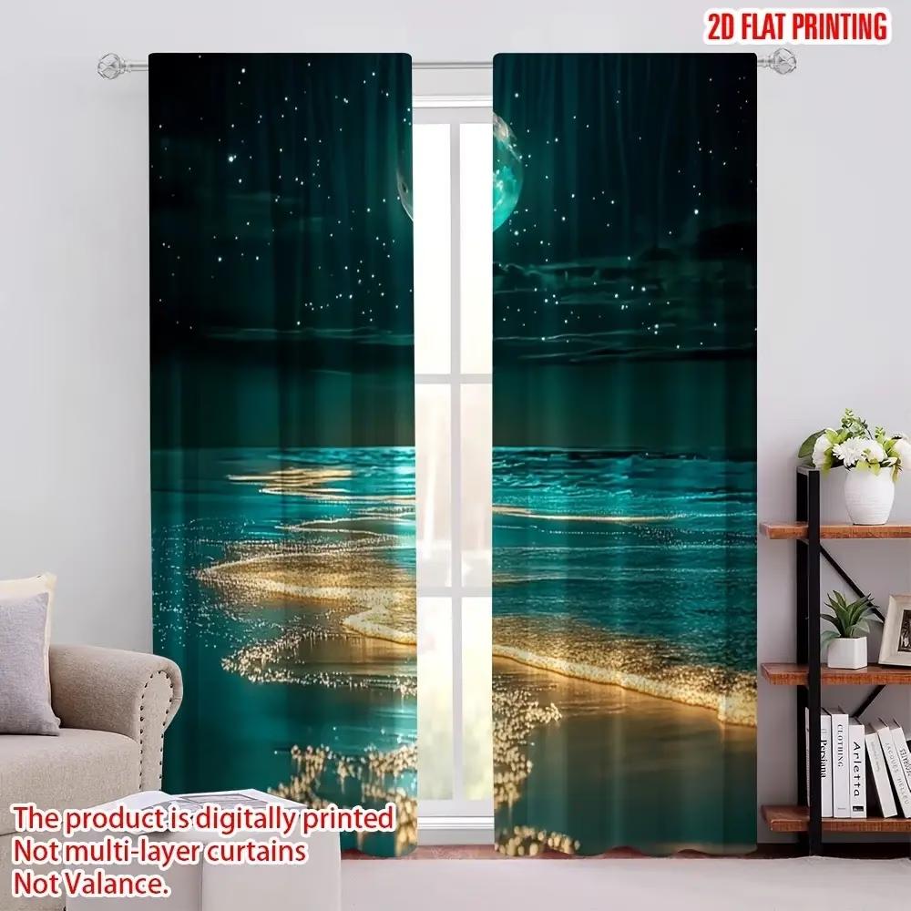 2PC Cosmic Beach Curtains - Teal Starry Night & Planet Print Window Drapes for Bedroom Living Room Decor