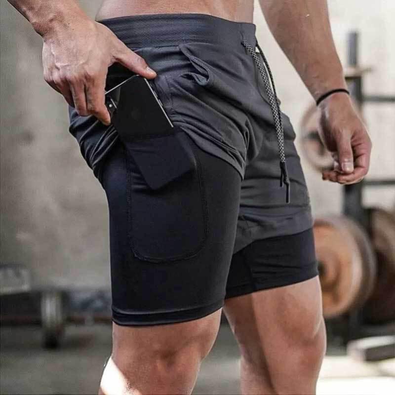 Men's Double-Layer Running Shorts with Phone Pocket - Lightweight, Breathable, Quick-Dry for Summer Sports.