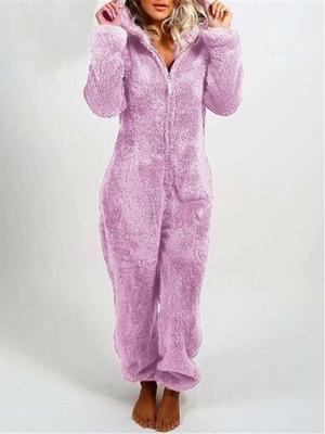 2025 Women's European & American Autumn/Winter Fleece-lined Fur Hooded Jumpsuit Pajamas