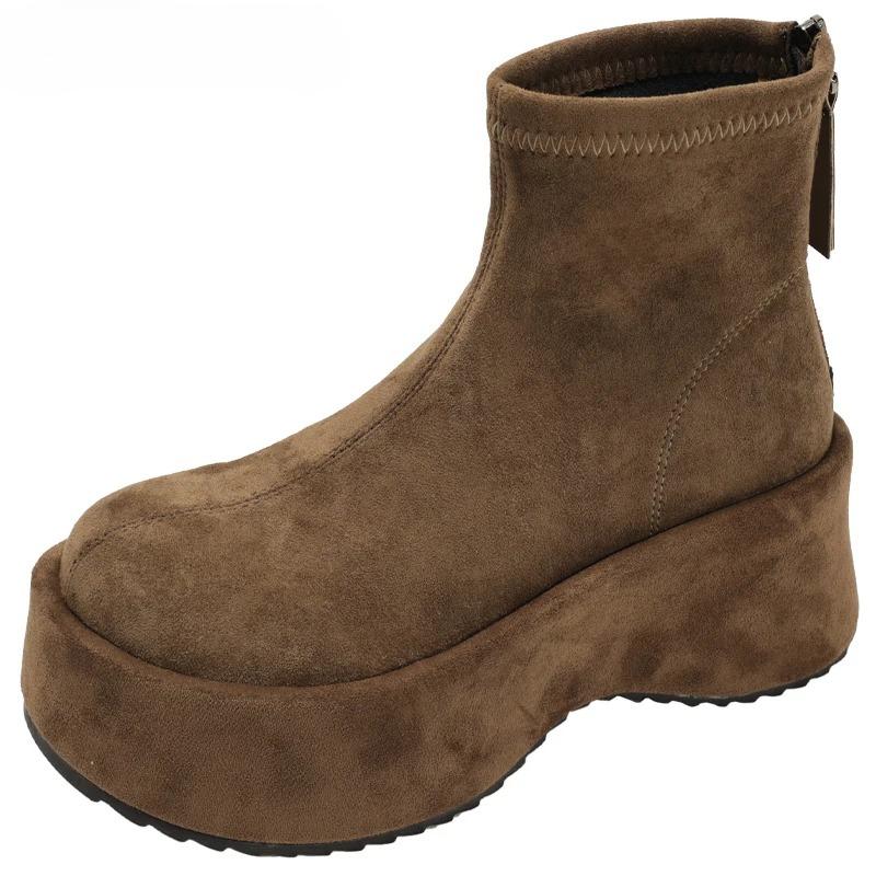 Vintage Platform Thick Sole Woman Ankle Boots Comfort Round Toe Dress Shoes Autumn Winter Slim Height Increase Short Botas