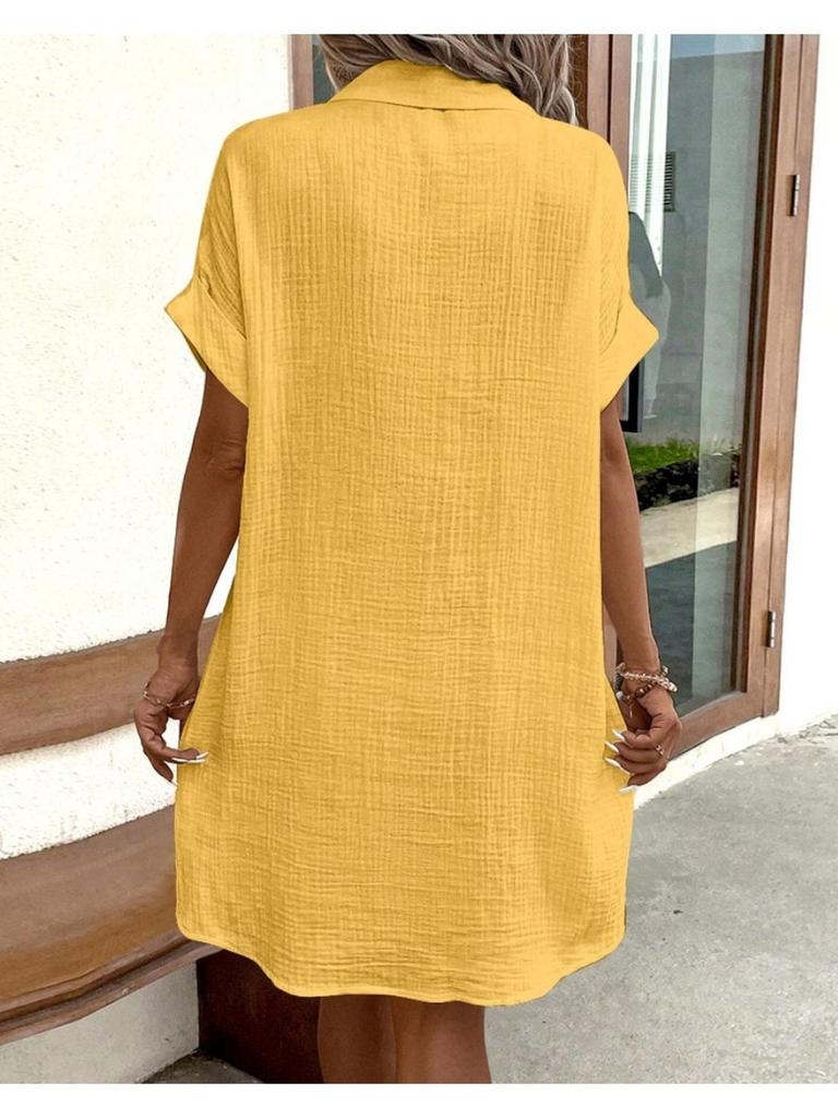 V Collar Solid Color Button Dress High Waist Elegant  Shirt Dress for Women Short Sleeve Loose Dresses Causal Dress