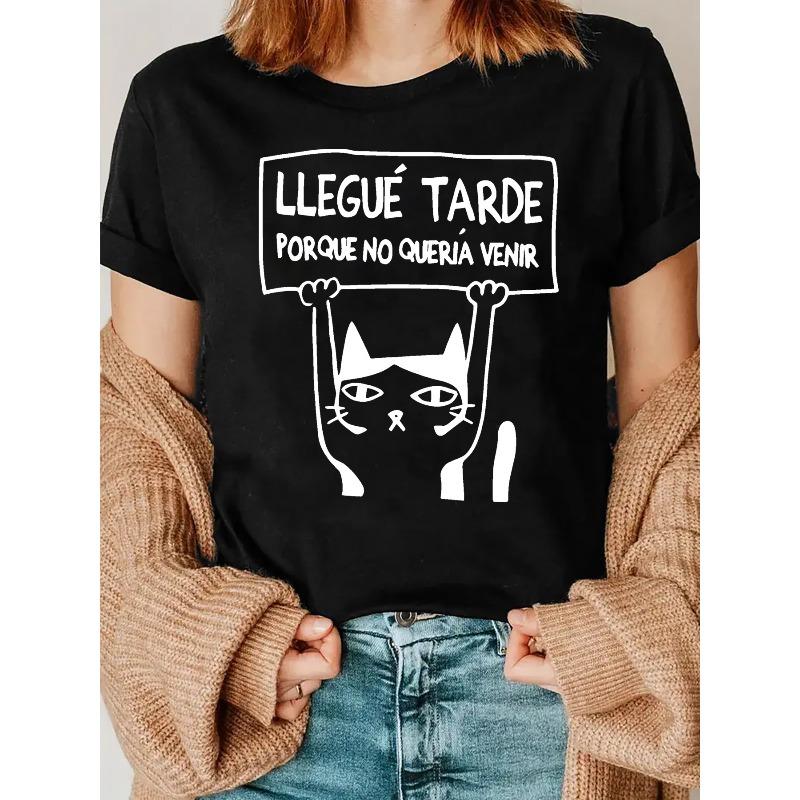 

European sizes Women s Casual Sport T-Shirt with Cute Cat & Spanish Quote Graphic Print 4XL чорний