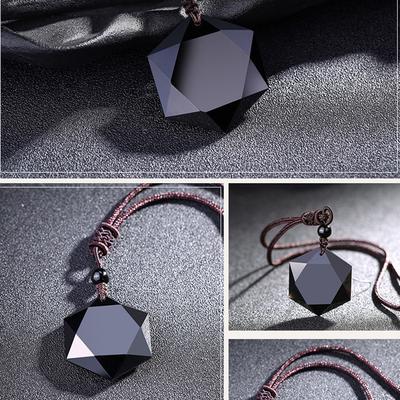 Fashion Black Men Lucky Blessing Jewelry Amulet Necklace Obsidian Pendant Hexagram Shape