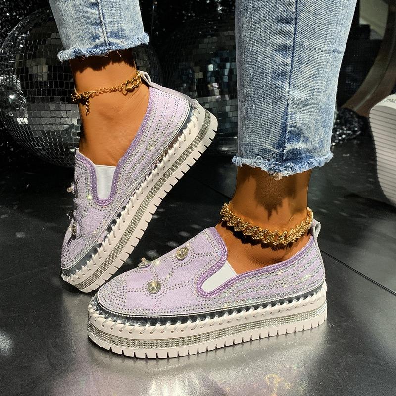 Plus Size Rhinestone Shallow Mouth Loafers Women's Spring New Round Toe Deep Mouth Slip-on Platform Slip-ons