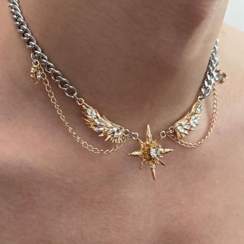 Glimmering Star Wing Pendant Necklace Lightweight Alloy Jewelry Piece For Women Stylish Gift For Special Occasion