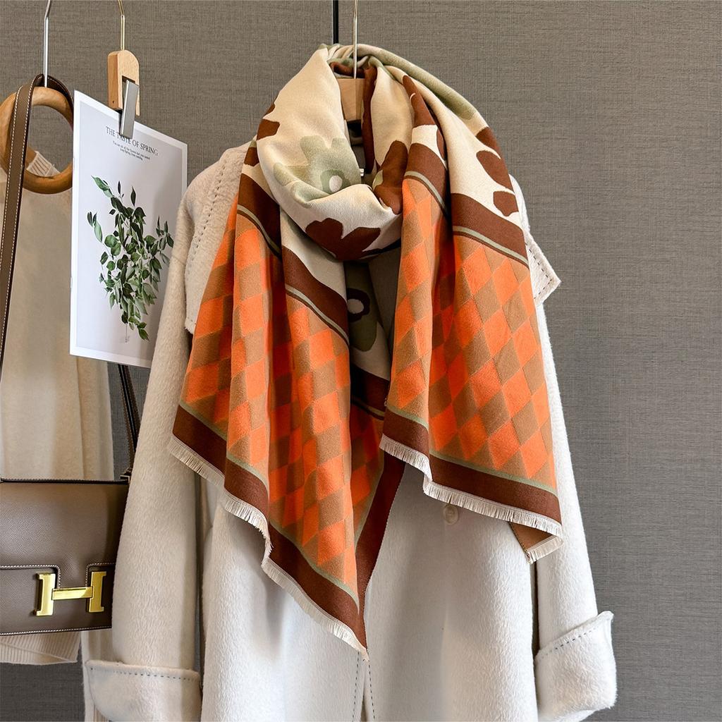 Autumn New Flower Printed Scarf Women's Imitation Cashmere Warm Multi-functional Scarf Temperament Versatile Large Shawl