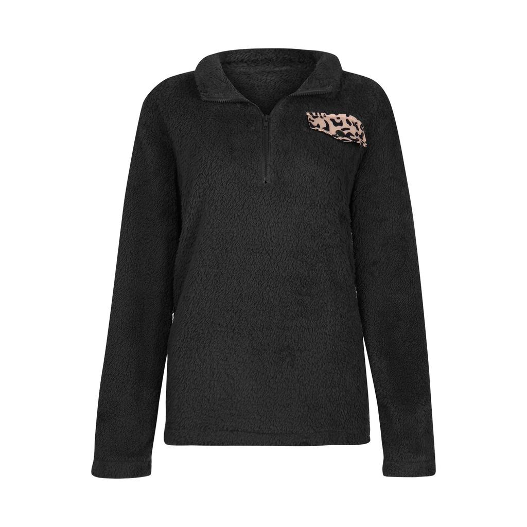 Women's Fashion Stand Collar Zipper Plush Jacket Leopard Print Stitching Loose Plush Sweater