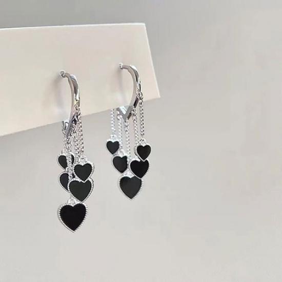Fashion Black Heart Tassel Stud Earrings HooP Drop Dangle Women Jewelry Party+