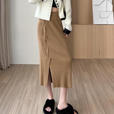 Geteilter gestrickter Hip-Wickel-Halbrock für Damen, Winter-Design, Gefühl von Eleganz, einstufiger Rock, elastische Taille, elastischer mittellanger Rock