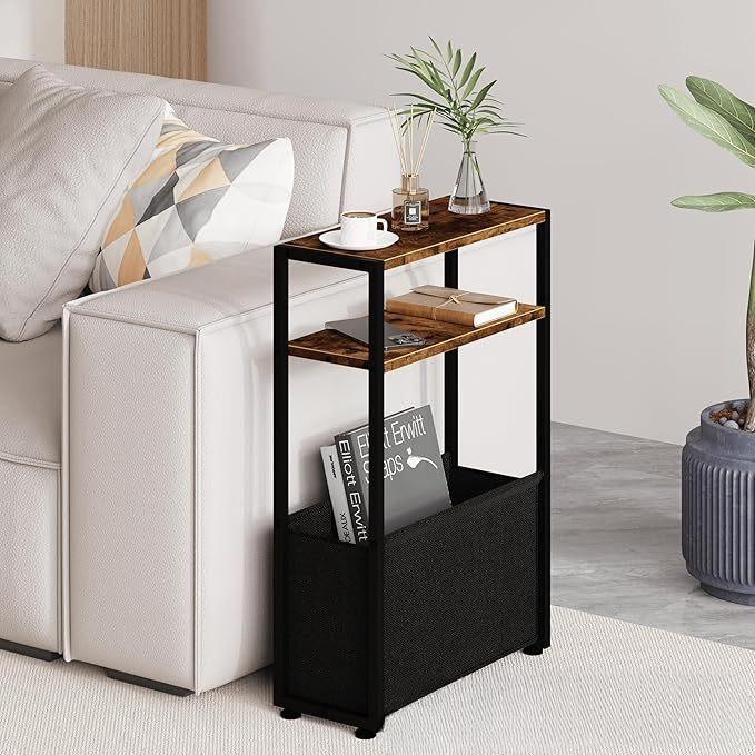 Iron Wood Combination Movable Sofa with Narrow Edge Table and Storage Basket, Simple Small Space Living Room Corner Table