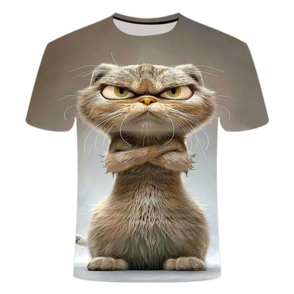 Men's and women's fun cat printed T-shirts, personalized animal 3D printed T-shirts, loose short sleeved T-shirts