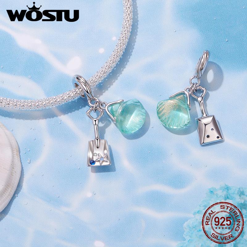 WOSTU 925 Sterling Silver Ocean Charms Starfish Shell Bucket Dolphin Surfboard DIY Beads for Original Bracelet Jewelry Making