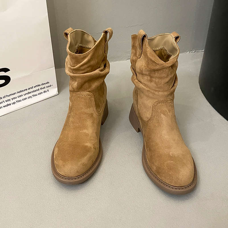 

Vintage western cowboy boots women s autumn new Maillard mid tube stacking boots new travel Martin short boots 40 хакі