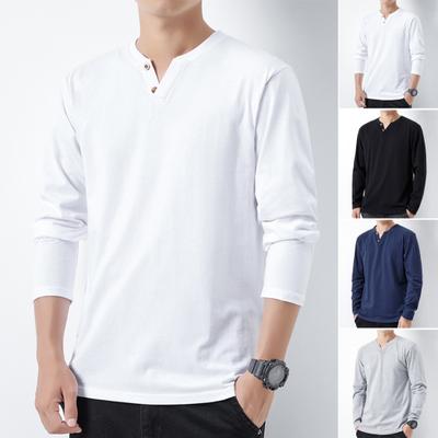 Herren Herbst Frühling Top Zugeknöpft V-Ausschnitt Lange Ärmel Reine Farbe Lose Pullover T-Shirt